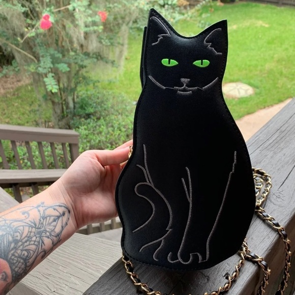 Black cat kitty crossbody purse gold chain kitten - Picture 6 of 13